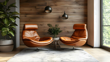 Modern Living Room Interior Design with Two Brown Leather Chairs and Wooden Wall - 3d Illustration