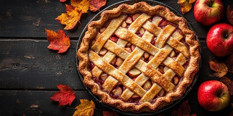 Apple pie decorated with lattice overhead shot, fall baking concept