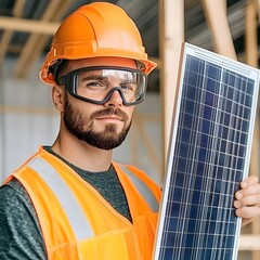 Construction worker in a hard hat and safety goggles holding a solar panel, showcasing green energy, clean and professional setting