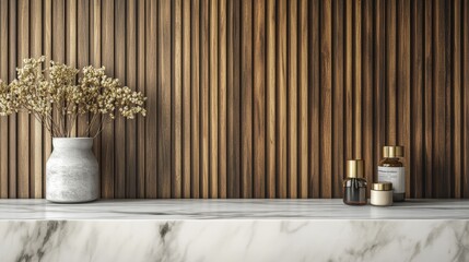 Fototapete - White Marble Kitchen Countertop on Wooden Panels