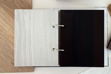 Poster - Different samples of wooden flooring on white table, top view