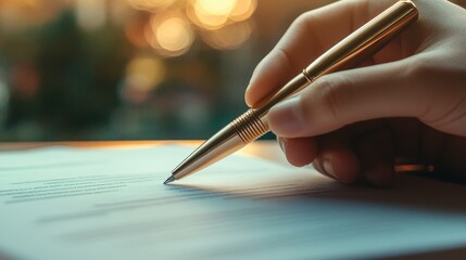 A hand holding a sleek metallic pen poised above a contract, with soft natural light illuminating the scene, conveying professionalism and attention to detail.