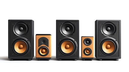 Five black and brown speakers with gold drivers arranged in a row.