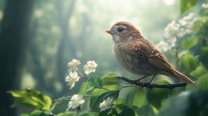 Wall Mural - A Little Sparrow Perched on a Branch in a Spring Forest