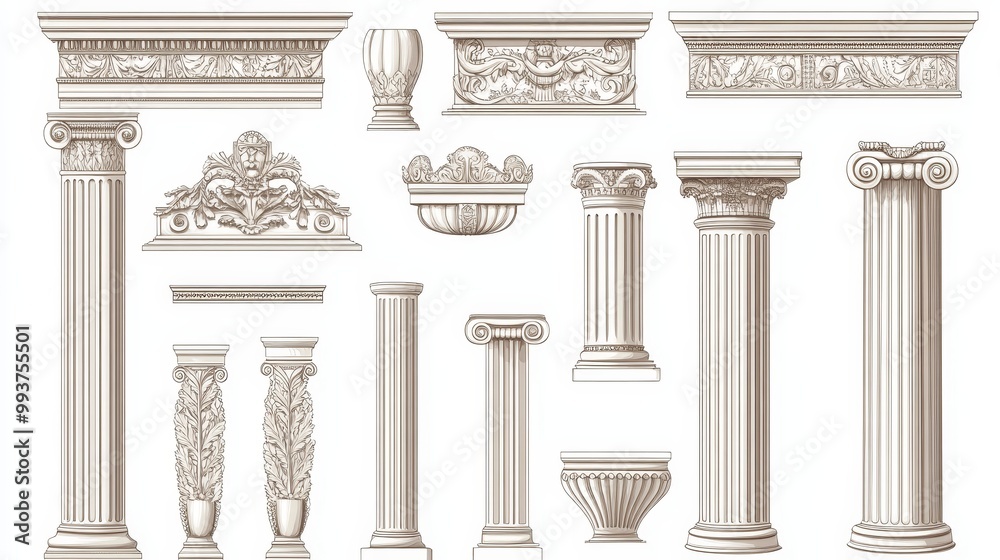 Vector icons depicting ancient Greek and Roman architecture, including ...