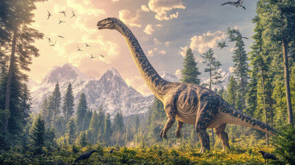 Wall Mural - A majestic brachiosaurus standing in a wide, open savannah, with its long neck stretching towards the treetops. The background features a breathtaking mountain