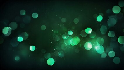 Abstract green geometric background with glowing bokeh effects.