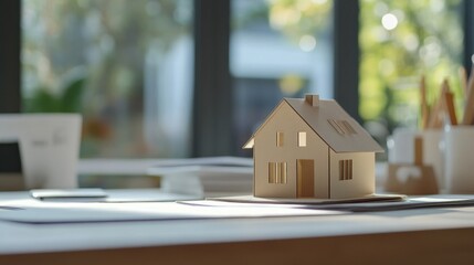 Poster - A small wooden house model on a desk, surrounded by papers and a bright, natural background.