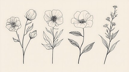 Floral doodles, elegant line art, simple flowers