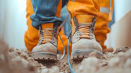 Close up View of Electrical Cable Installation Workers Laying Cables in Underground Trench