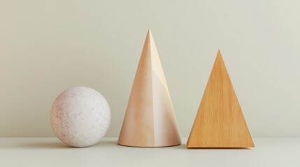 A minimalistic arrangement of geometric shapes a sphere and two cones on a surface.