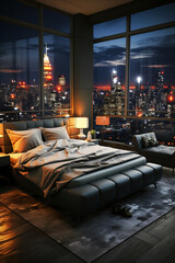 Wall Mural - Modern bedroom interior with a stylish bed, dim lighting, and a panoramic view of a glowing city skyline at night.