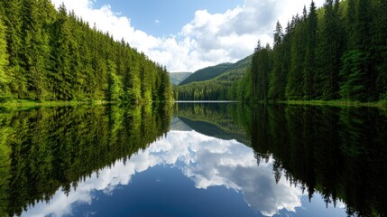 A serene landscape featuring tall trees mirrored on a calm lake under a bright blue sky with fluffy clouds.