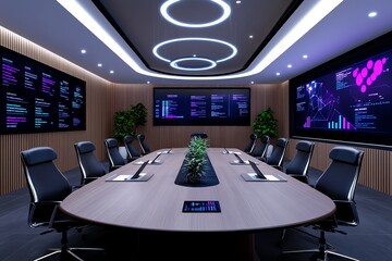 Poster - A 3D visualization of a Chamber of Commerce boardroom meeting, with interactive digital screens and virtual data points showing local business trends