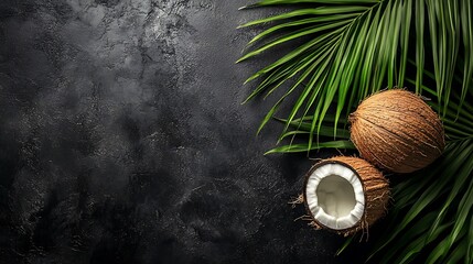 Two coconuts and palm leaves on a black background.