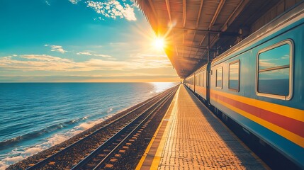 Sticker - A train stands on a platform at a seaside train station with the sun setting over the water.