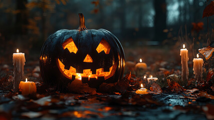 halloween scene, scary pumpkin, candles in the dark, halloween pumpkin