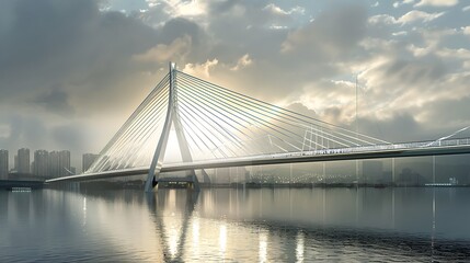 Wall Mural - Modern cable-stayed bridge spanning a body of water with a cityscape in the background.