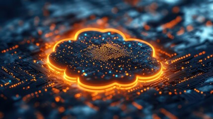 futuristic cloud computing server structure showcasing a cybernetic network with illuminated circuitry symbolizing advanced technology and cybersecurity