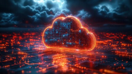 futuristic cloud computing server structure showcasing a cybernetic network with illuminated circuitry symbolizing advanced technology and cybersecurity