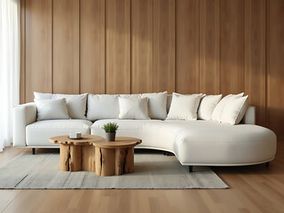 A modern, minimalist living room with a comfortable white sectional sofa, a unique live-edge coffee table, and a warm wood-paneled wall. Sunlight streams through the window, creating a relaxing atmosp