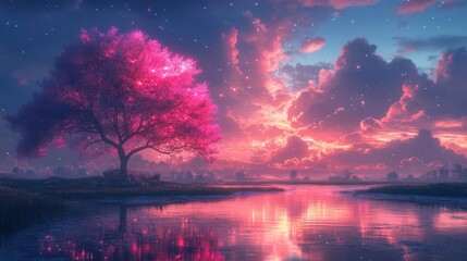 futuristic landscape with pink and blue neon lights illuminating clouds and trees creating a surreal dreamlike atmosphere vivid colors blend in harmonious contrast