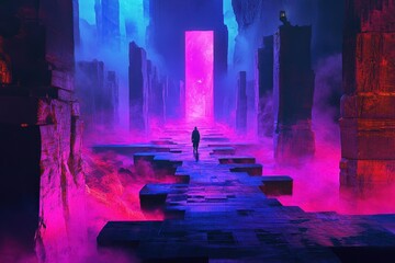 Wall Mural - A Solitary Figure Walks Toward a Glowing Portal in a Neon-Lit, Post-Apocalyptic Landscape