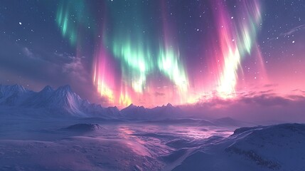 Wall Mural - Animated desktop featuring colorful auroras lighting up night picture