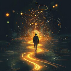 Poster - Silhouette of a Human Walking on a Path of Light