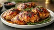 © julija - golden roasted chicken leg quarters with crispy skin garnished with fresh green thyme beautifully arranged on a white plate against a rustic dark wooden backdrop