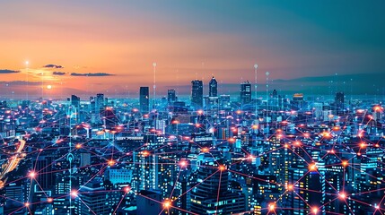 Poster - aerial view of a modern city at sunset, with a network of connections highlighting the interconnecte