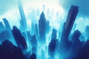 Wall Mural - A Cityscape of Tall Buildings in a Blue Sky with Clouds