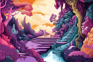 Wall Mural - Surreal Landscape with Purple and Blue Trees and Stone Steps