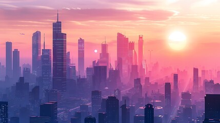 Wall Mural - Aerial view of a futuristic city skyline bathed in the warm glow of the setting sun. Skyscrapers towering into the sky create a dramatic silhouette.