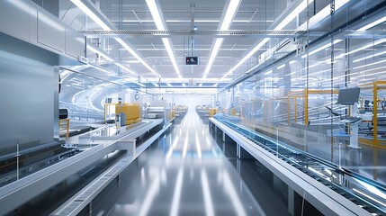 Poster - Futuristic factory interior showcasing automated conveyor belt systems and advanced robotic machinery.