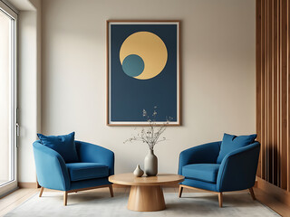 A stylish living room corner with two cozy blue armchairs facing each other across a wooden coffee table. A minimalist geometric artwork hangs on the wall, adding a touch of modern elegance.