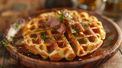 Wall Mural - Ham and cheese stuffed waffles served on a wooden table