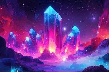 Wall Mural - Glowing Crystal Formations in a Starry Night Sky