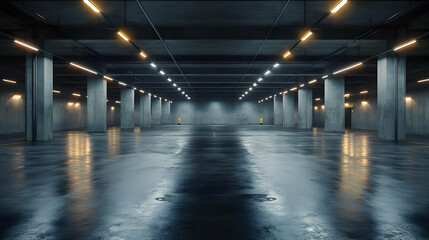 Wall Mural - Empty Concrete Parking Garage with Fluorescent Lights - 3D Illustration