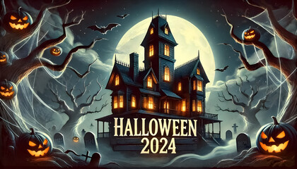 Wall Mural - A Halloween 2024 banner featuring a haunted house with glowing windows.