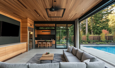 an outdoor living area with wooden walls and ceiling, large sliding glass doors leading to the backyard basketball court, a gray sofa in front of two wall-mounted storage cabinets