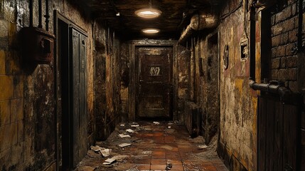 Canvas Print - Dark and Abandoned Hallway in an Old Building