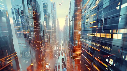 Poster - illustration of a futuristic city, with tall, sleek skyscrapers that reach towards the sky.