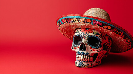 Painted human skull for Mexico's Day of the Dead (El Dia de Muertos) with sombrero and maracas on red background