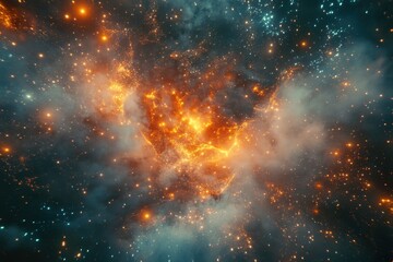 Wall Mural - Abstract Cosmic Nebula with Glowing Orange and Blue Stars
