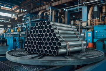 Industrial metal galvanized pipes in an industrial area construction machinery or pipe workshop