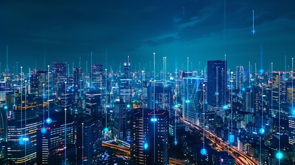 Poster - vibrant cityscape at night with neon lights and digital network connections.
