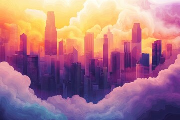 Wall Mural - Cityscape with Golden Sunset and Swirling Clouds