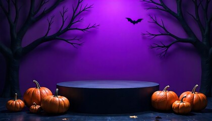 dark podium structure against a vibrant purple background with bats tree branches with halloween several pumpkins created with generative ai