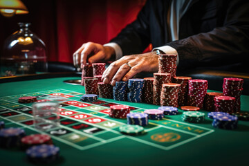 Stack of casino gambling chips on the green felt of a game table